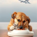 dog eat food with pet feeder and airplane on the air