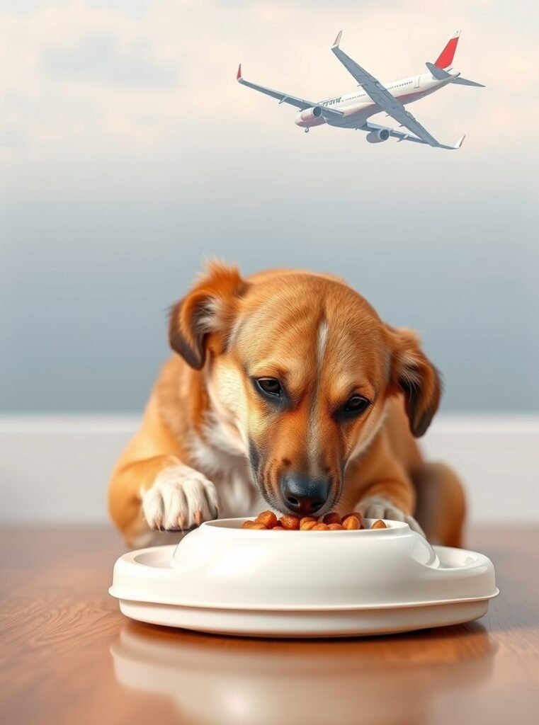 dog eat food with pet feeder and airplane on the air