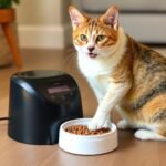 cat with pet feeder